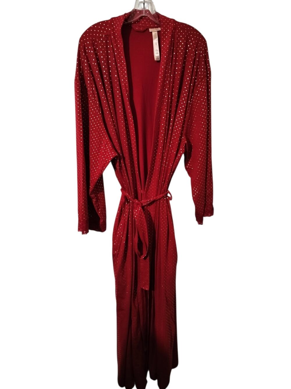 6001)Rhonda Shear Women Plus 3X Long Red Robe with Gold Polkadots